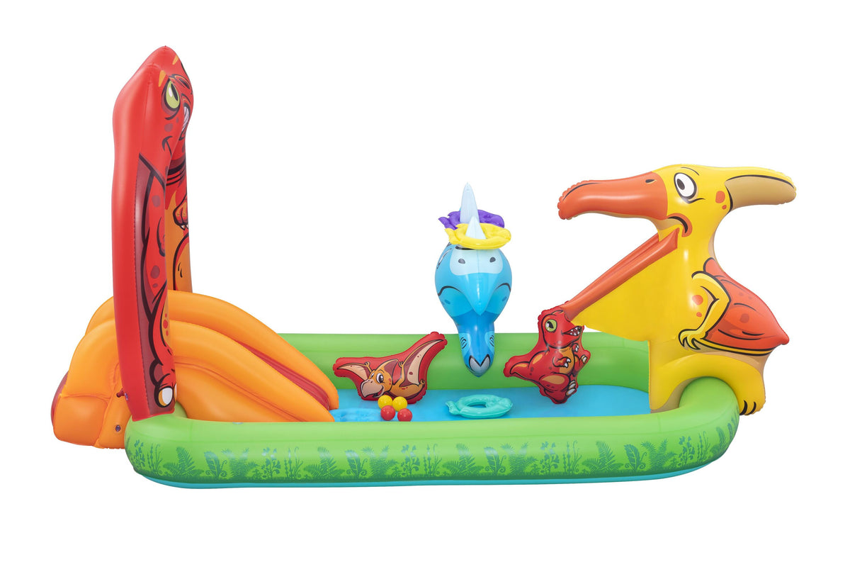 Bestway 2.41m x 1.40m x 1.37m jurassic splash play center (1 pool, 3 fish shaped rings,1 triceratops ring target, 1 pteranodon ball catch, 1 pteranodon, 1 t-rex, 4 play balls, repair patch.) age 2+