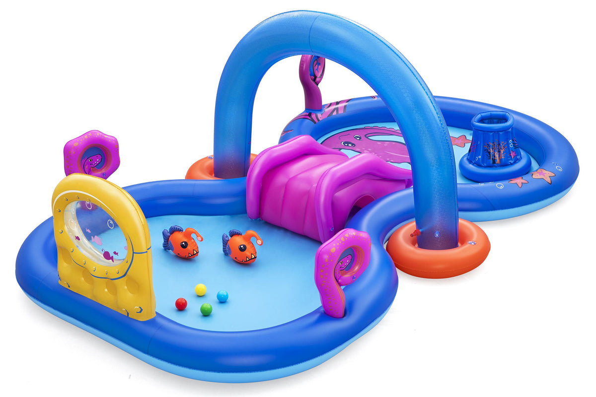 Bestway 3.30m x 1.88m x 1.17m sea odyssey play center (1 pool,1 arch sprinkler,1 slide, 1 basket, 2 puffy pal fish, 2 rackets, 4 play balls, repair patch) age 2+