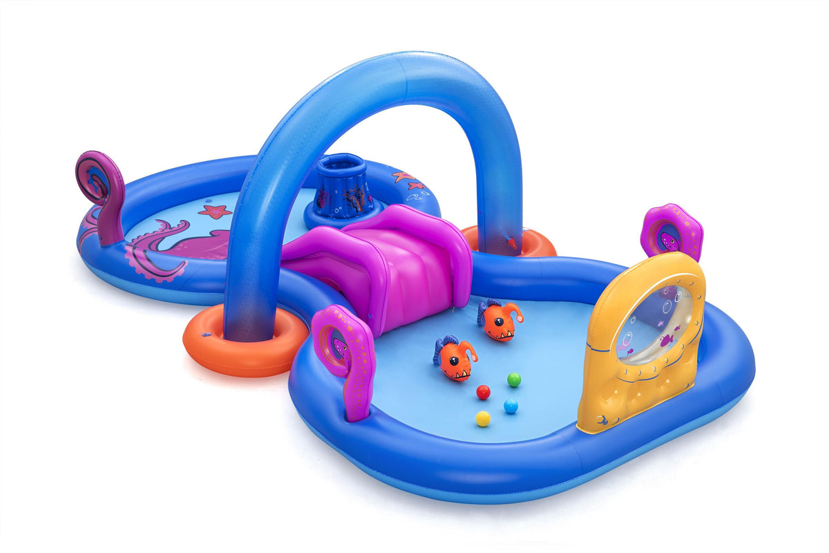Bestway 3.30m x 1.88m x 1.17m sea odyssey play center (1 pool,1 arch sprinkler,1 slide, 1 basket, 2 puffy pal fish, 2 rackets, 4 play balls, repair patch) age 2+