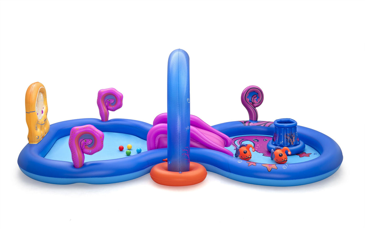 Bestway 3.30m x 1.88m x 1.17m sea odyssey play center (1 pool,1 arch sprinkler,1 slide, 1 basket, 2 puffy pal fish, 2 rackets, 4 play balls, repair patch) age 2+