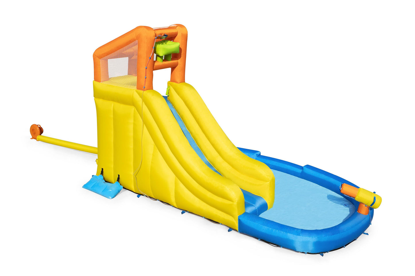 Bestway 4.35m x 2.86m x 2.67m mount splashmore mega waterpark (1 water slide with pool, 1 blower, 1 waters spraying hose, 1 anchor bag, 1 repair kit, 1 storage bag , 2 blower stakes , 10 bouncer stakes.) age 5+