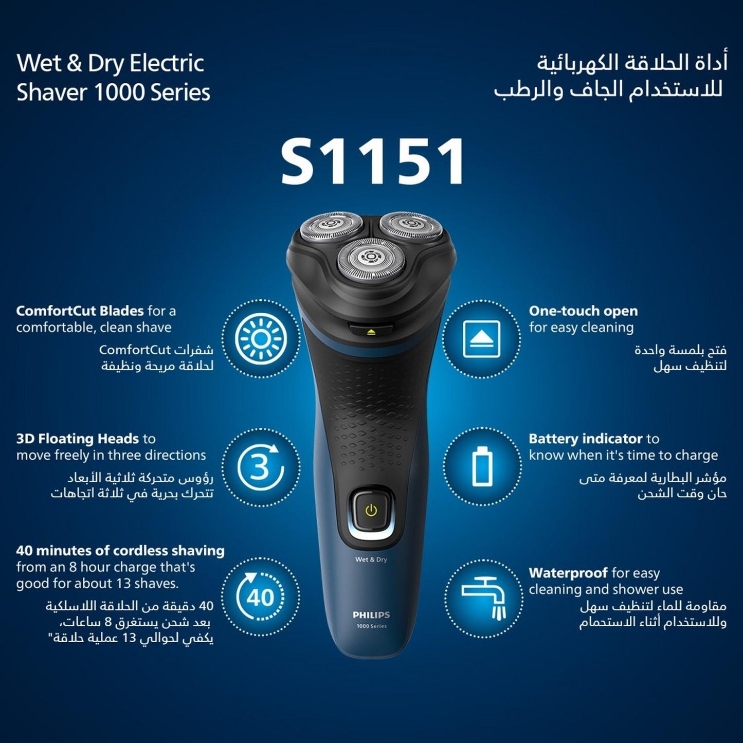 Philips Shaver S1151/00 | Wet & Dry Use | Fast, Comfortable Shave with ComfortCut Blades | 3D Floating Heads, One-Touch Open | 40min Cordless Use, Protective Cap Included