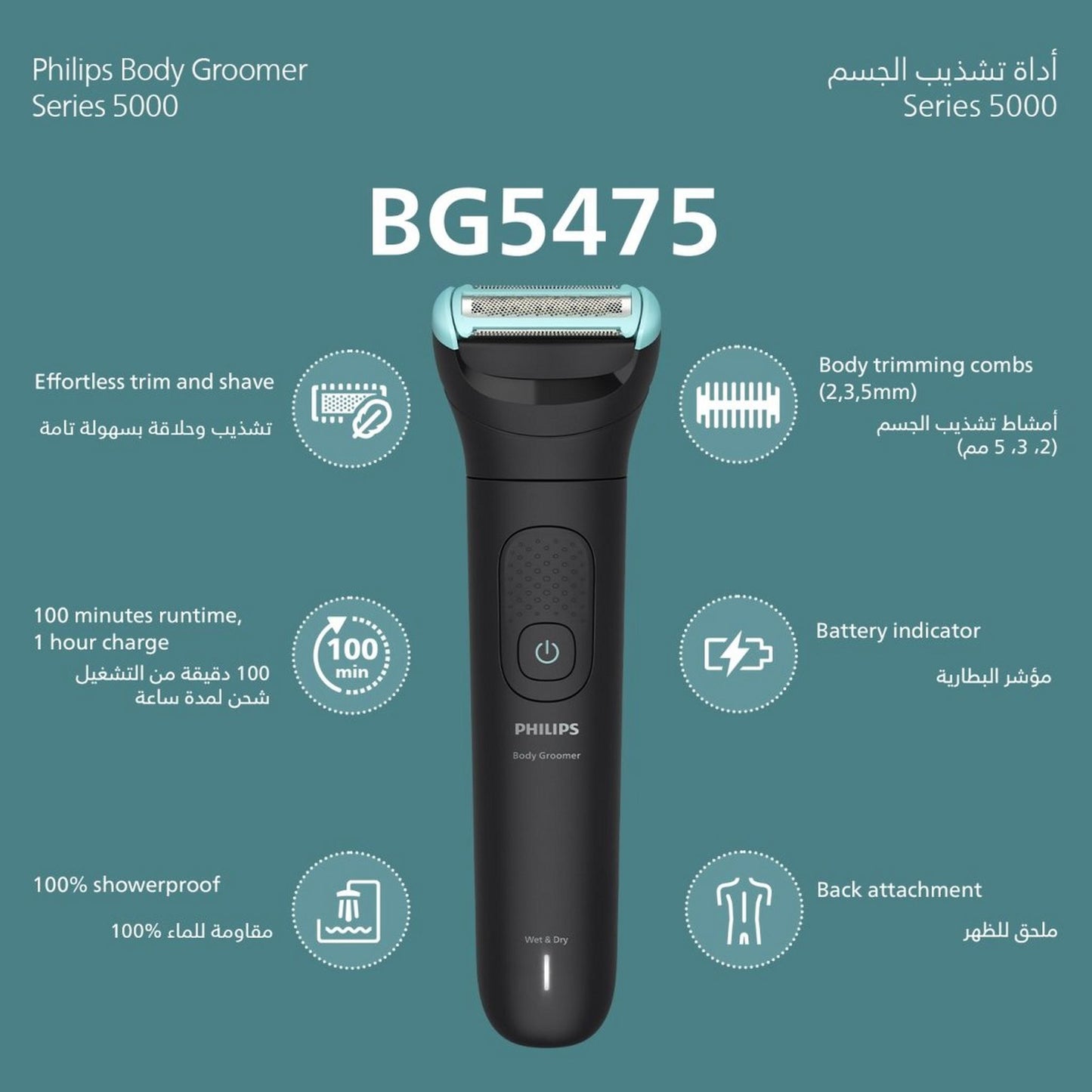 Philips Body Groomer BG5475/15 | Trim & shave body hair | 100% showerproof | Close, skin-friendly results | Foldable back attachment | 2/3/5 mm combs | Up to 100 min cordless | Battery indicator | USB charging