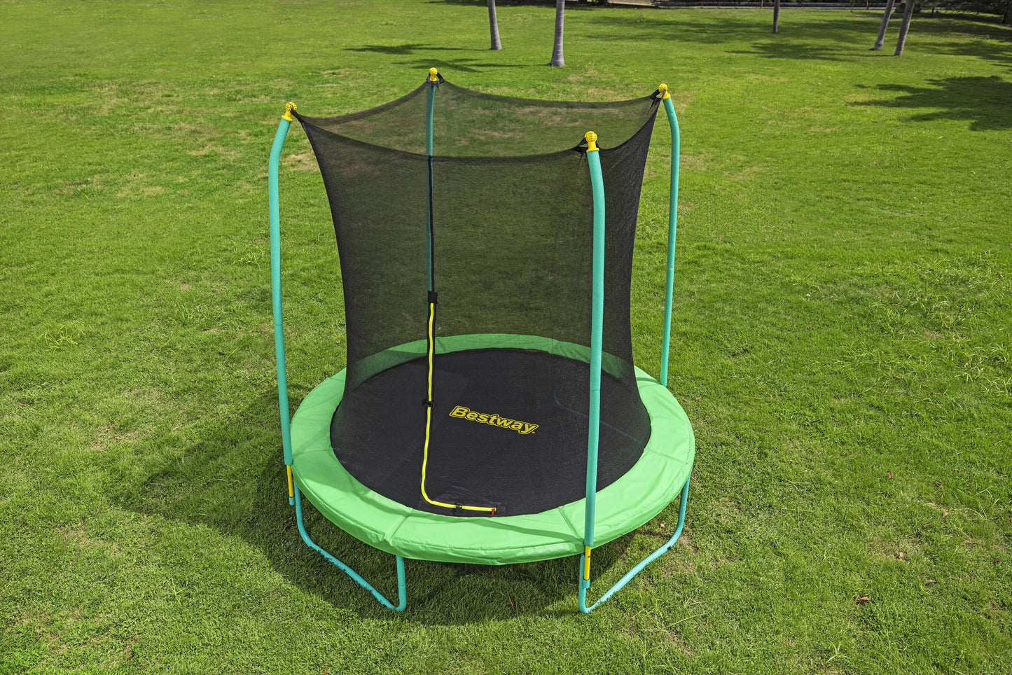 Bestway 2.44m x 2.50m xtreme air trampoline (1 trampoline, 1 spring-loading tool, 4 anchors, 8 foot pads) age 6+