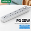 UGREEN 3-Outlet Surge Protector Master Switch Extension - 30W / USB-C / USB / White