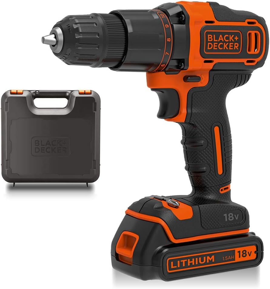 Black+Decker Cordless Hammer Drill - 18V / 1.5Ah / 21,000 BPM / Orange
