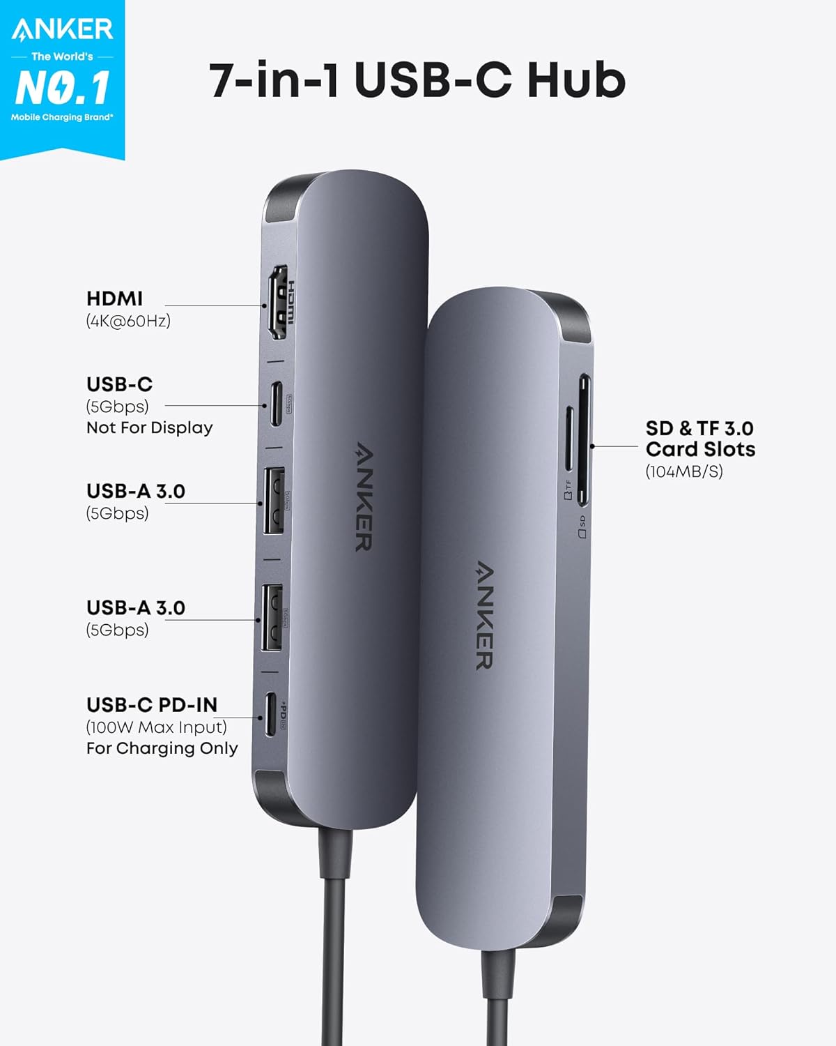 Anker 7-in-1 USB-C Hub - Up to 85W / 5Gbps / Gray