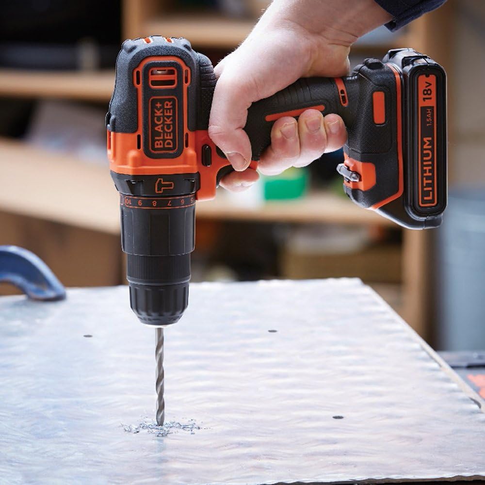 Black+Decker Cordless Hammer Drill - 18V / 1.5Ah / 21,000 BPM / Orange