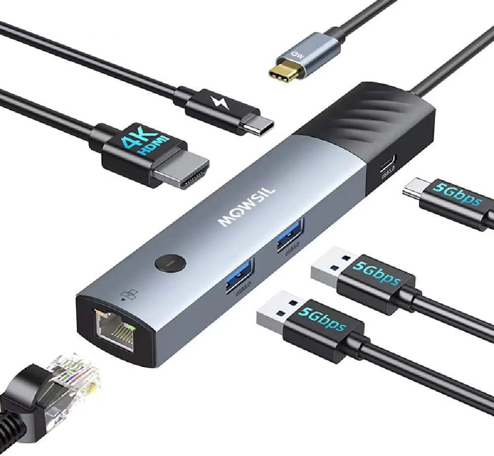 Mowsil 6-in-1 USB-C Hub Docking Station - HDMI / 100W PD / RJ45 / USB 3.0 / USB-C