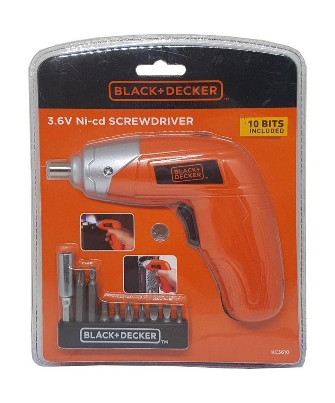 مفك بلاك+ديكر ببطارية ليثيوم 3.6 فولت مع طقم 10 رؤوس، (KC3610-B5)