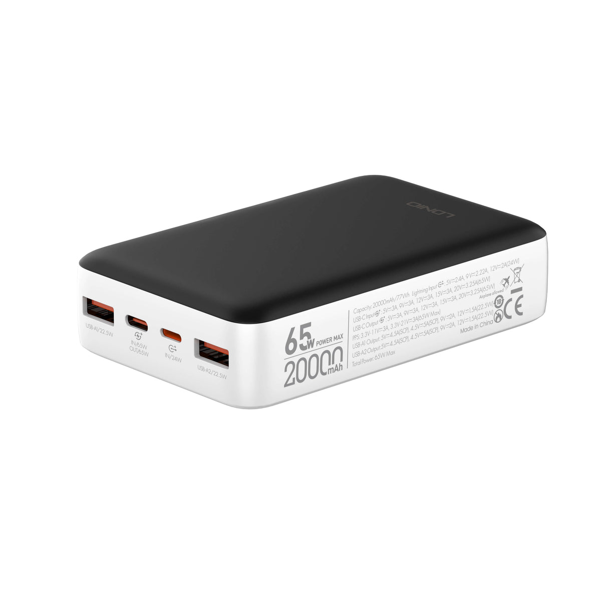 LDNIO Fast Charging Power Bank - 65W / 20000mAh / USB-A / USB-C / Black/White