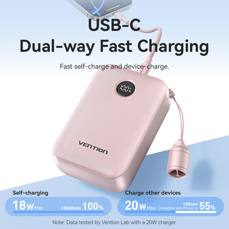 Vention Power Bank 20000mAh (USB-C + USB-C/USB-C/USB-A) with Built-in USB-C to USB-C Cable 22.5W - Black
