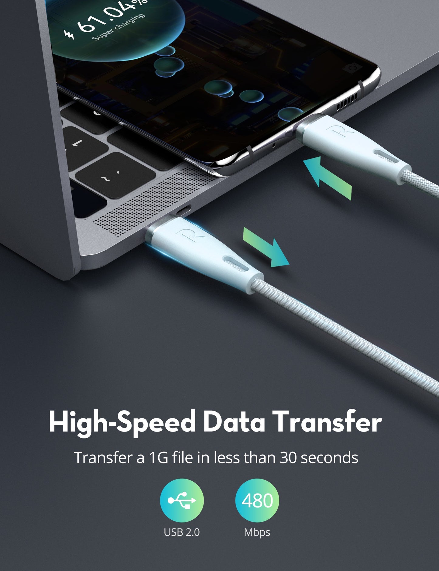 RAVPower RP-CB1037 USB-C Cable - 60W / 1.2 Meter /  3A / Light Blue