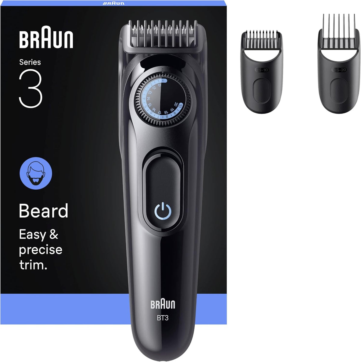 Braun Series 3 Beard Trimmer, +3 Styling Devices, Extremely Sharp Blade, 50 Minutes Running Time, 40 Length Settings, Bt3520, Black/Blue