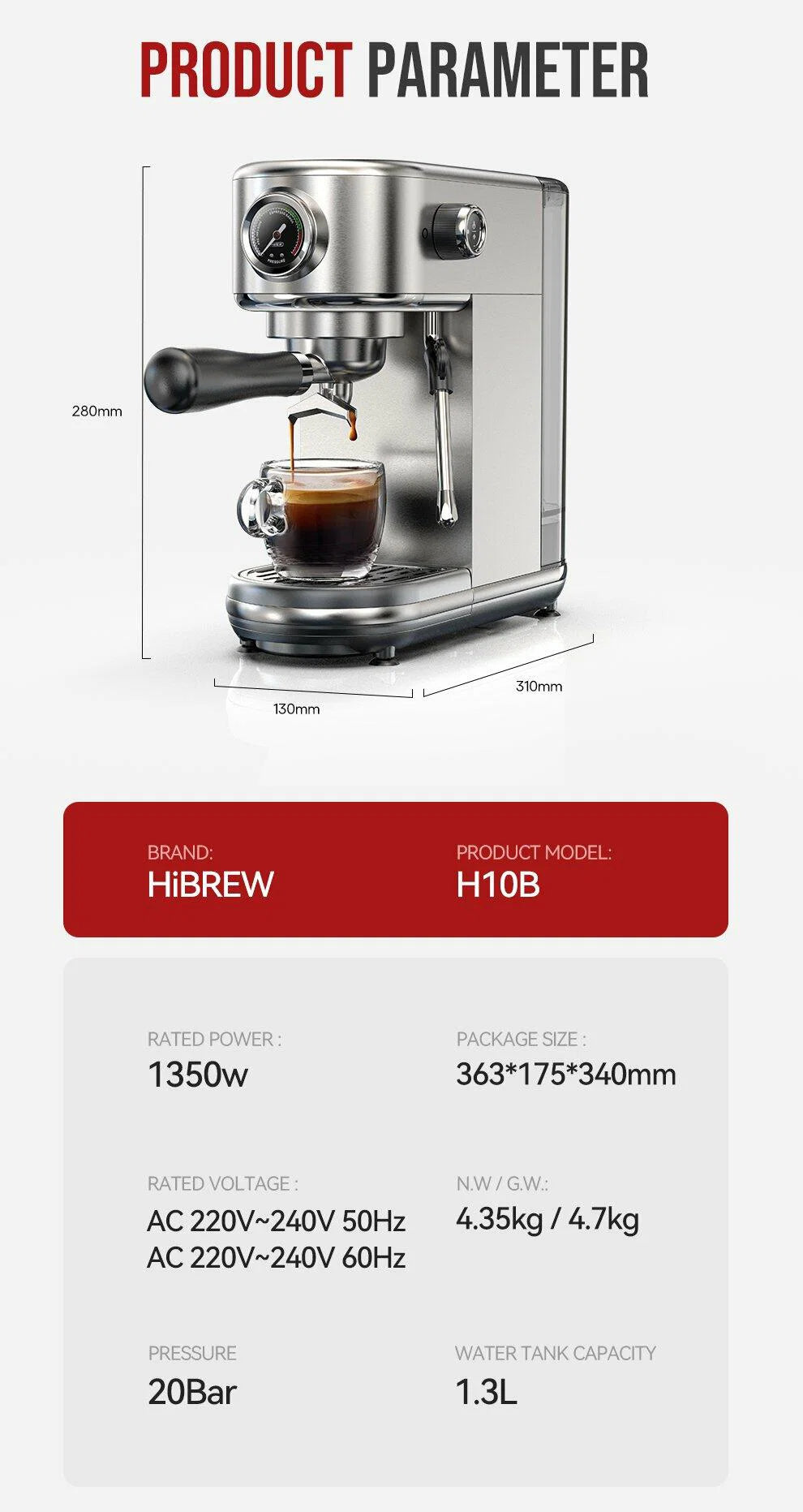 ماكينة قهوة إسبريسو شبه أوتوماتيكية هاي برو بضغط 20 بار - H10B