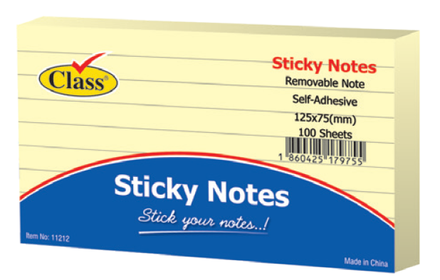 Class Pastel Yellow Lined Sticky Notes - 125 X 75mm / 100 Sheets