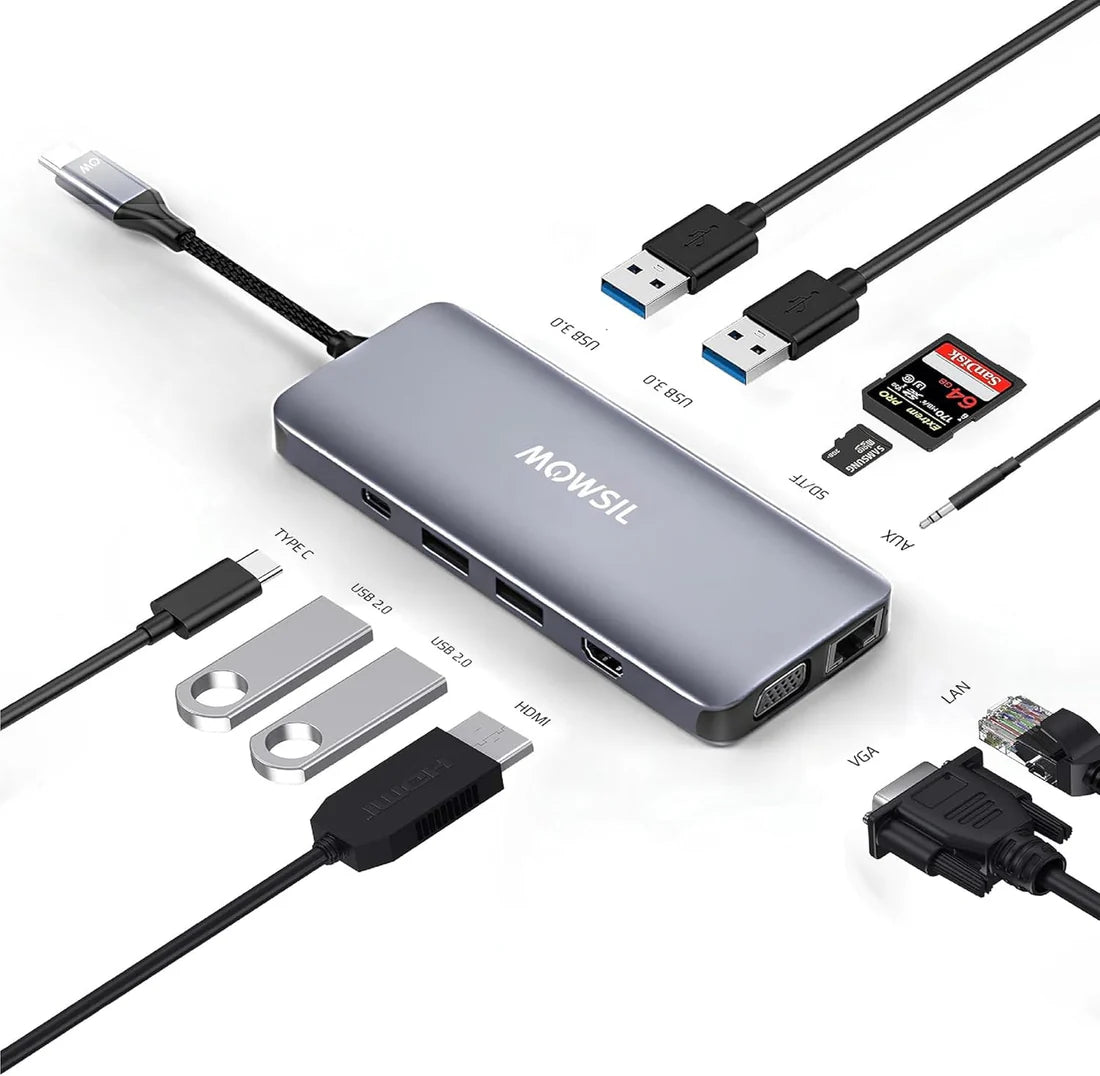 Mowsil 11-in-1 USB-C Hub Docking Station - HDMI / VGA / RJ45 / USB / Type-C / SD / TF / Silver
