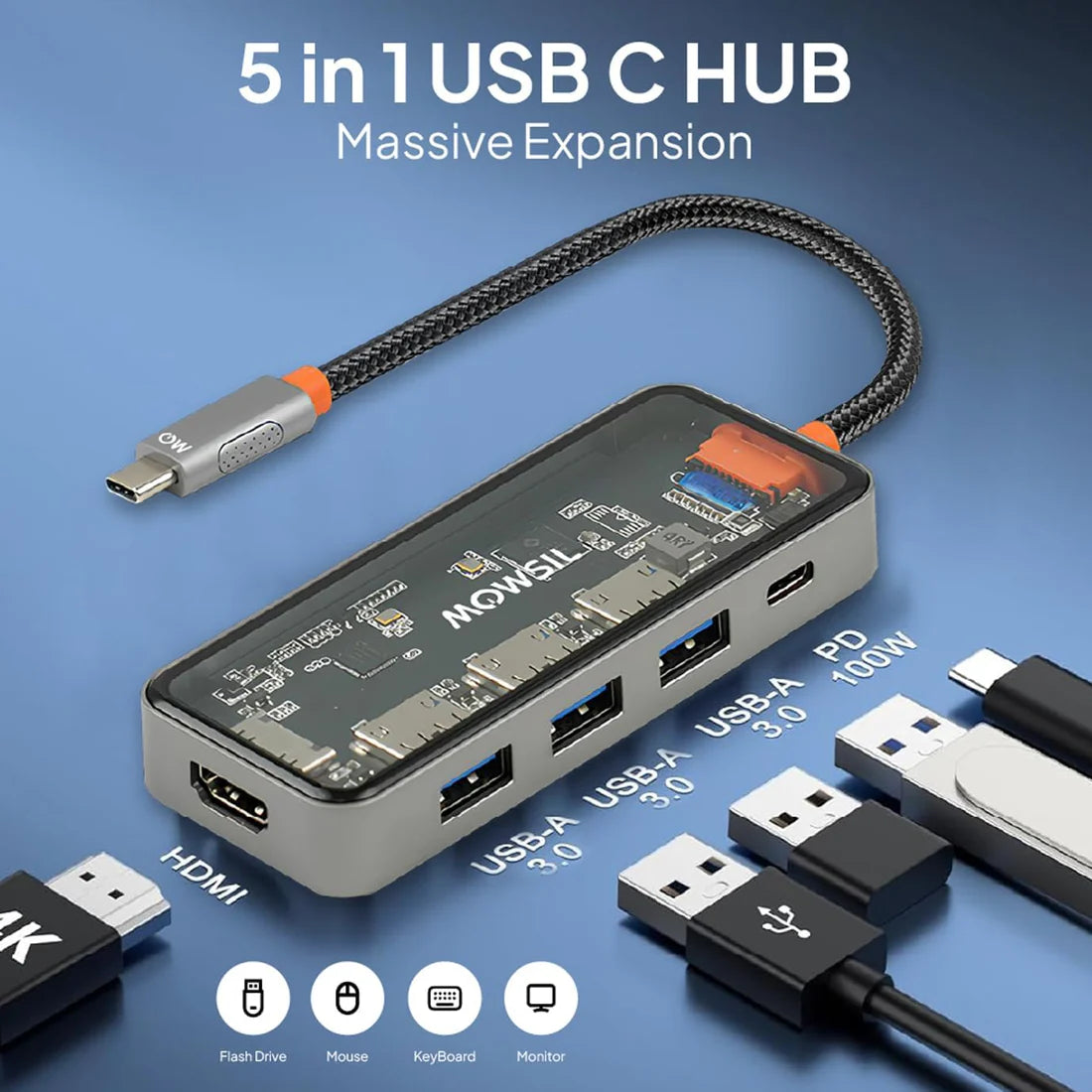 Mowsil 5-in-1 USB-C Hub Adapter - HDMI / USB 3.0 / Type-C / 100W PD