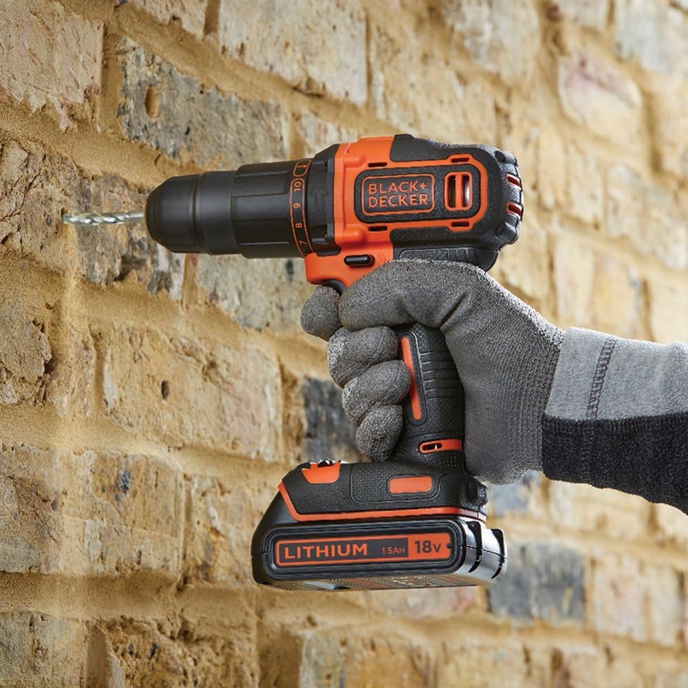 Black+Decker Cordless Hammer Drill - 18V / 1.5Ah / 21,000 BPM / Orange