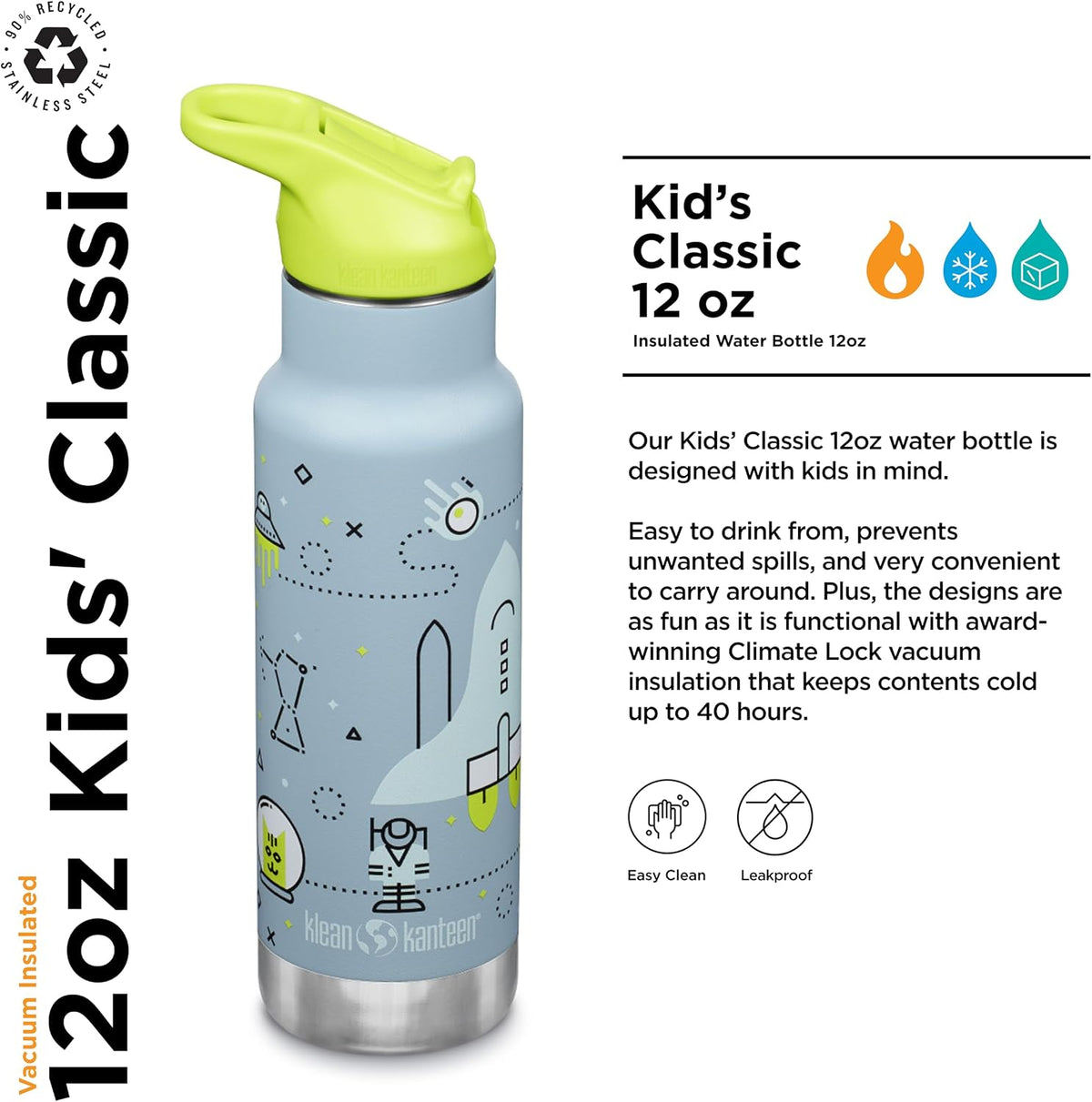 Klean Kanteen 12oz Kid'S Classic Insulated Water Bottle With Flip Seal Sport Cap And Straw - Launch Plan