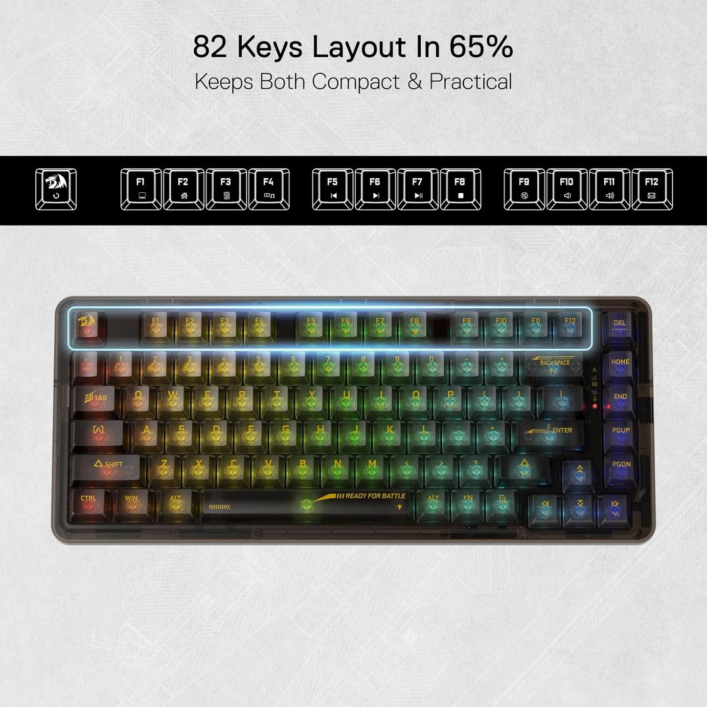 Redragon K649 ELF PRO 3-Mode RGB Mechanical Keyboard - Wired / Wireless / 82 Keys / Transparent Black- Keyboard