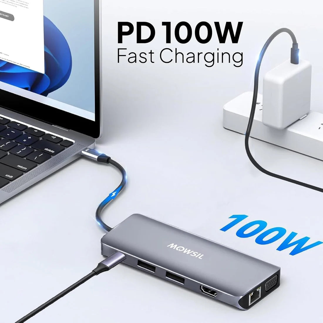 Mowsil 11-in-1 USB-C Hub Docking Station - HDMI / VGA / RJ45 / USB / Type-C / SD / TF / Silver