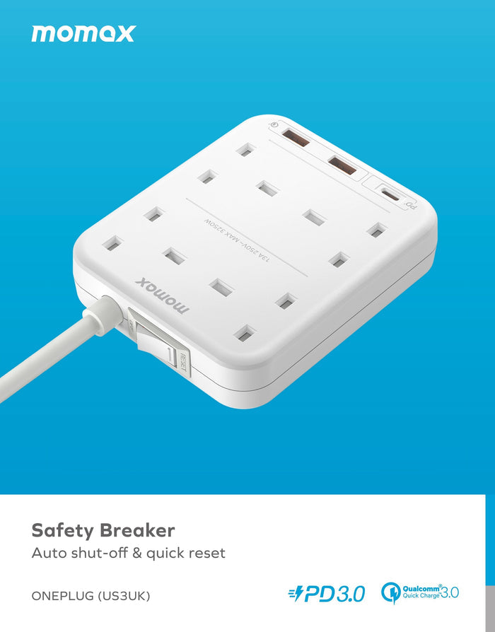 MOMAX OnePlug 4 Outlet Power Strip - USB-A / USB-C / 2 Meter / White