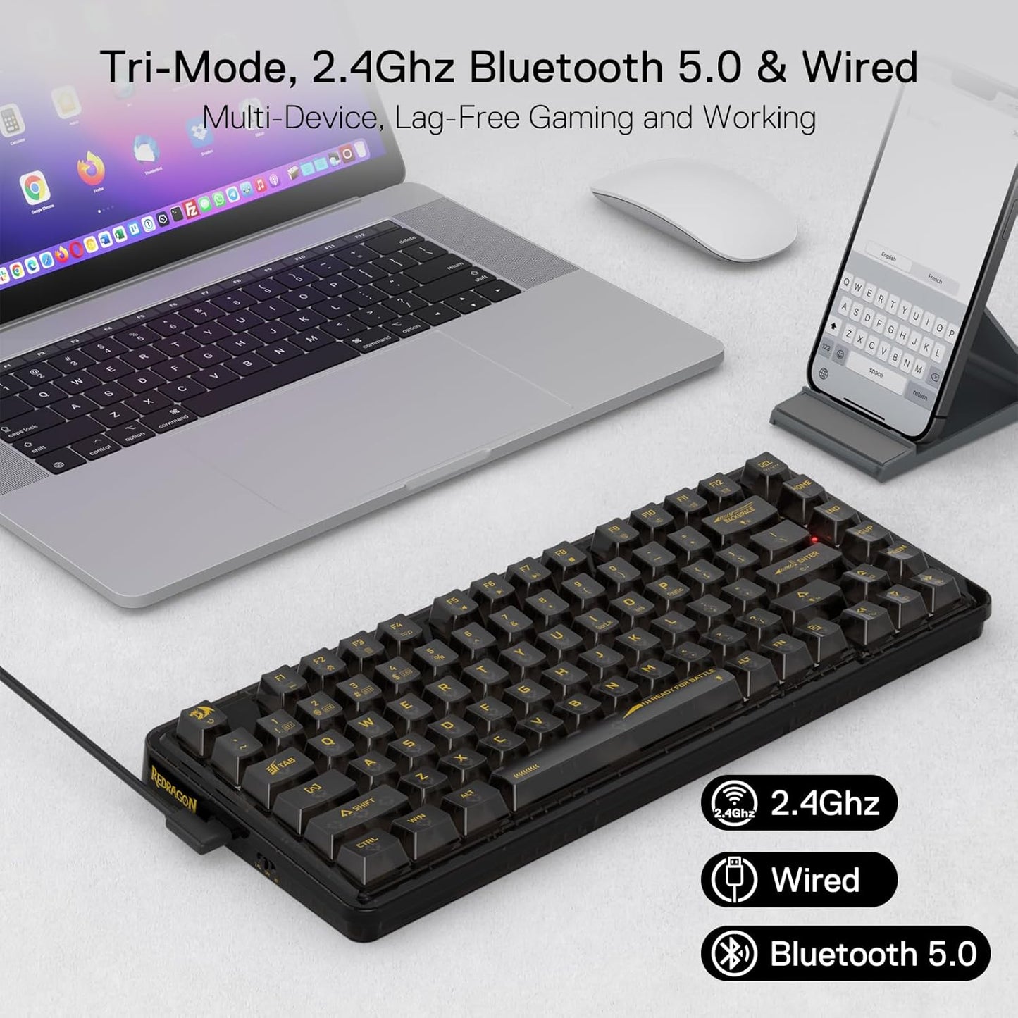 Redragon K649 ELF PRO 3-Mode RGB Mechanical Keyboard - Wired / Wireless / 82 Keys / Transparent Black- Keyboard