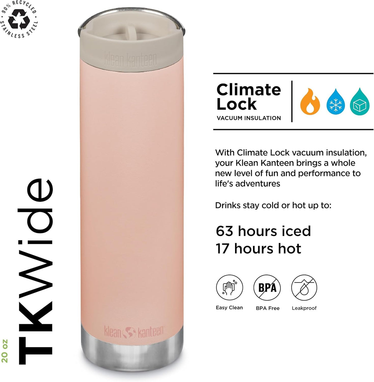 Klean Kanteen TkWide 20oz Insulated Coffee Tumbler With Cafe Cap - Peach Parfait
