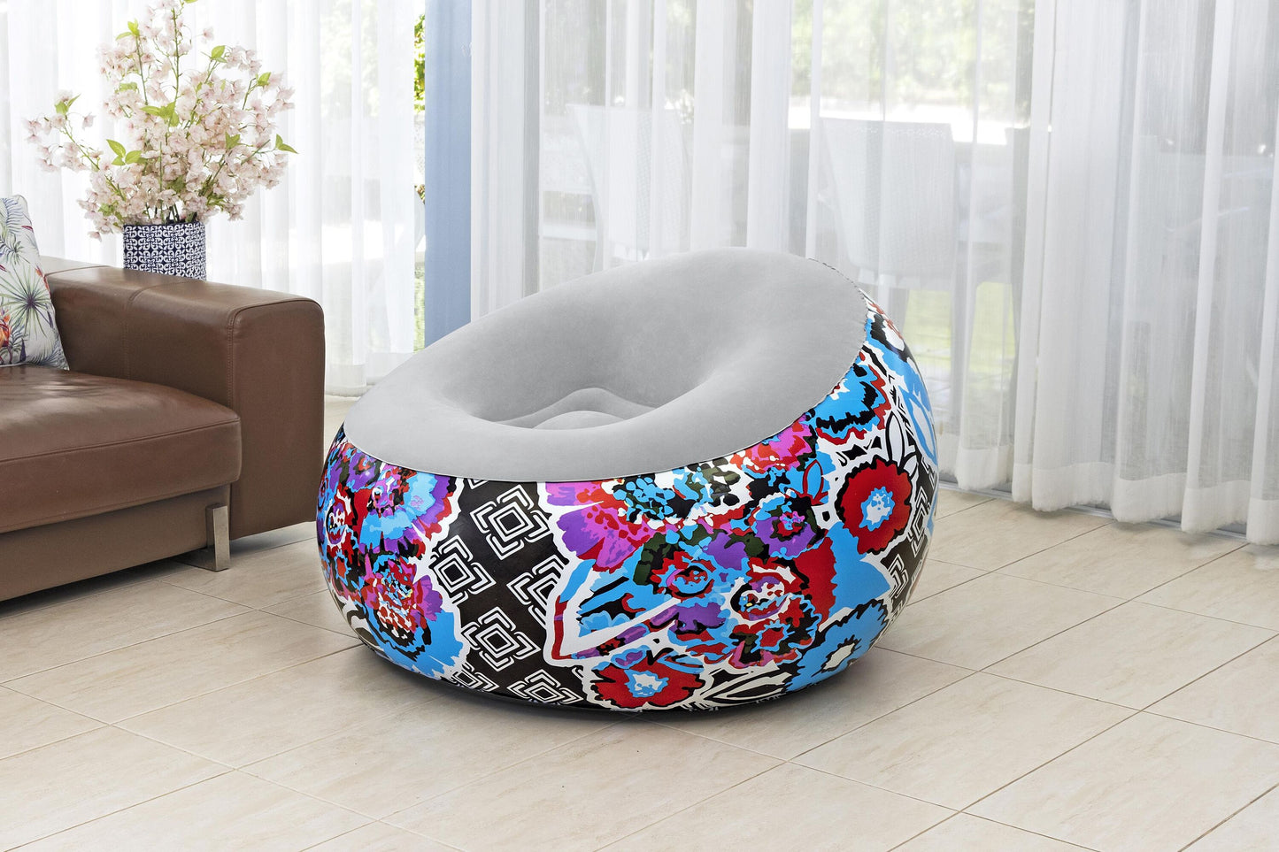 Bestway 1.12m x 1.12m x 66cm inflate-a-chair floral air chair (contents:chair, repair patch,)