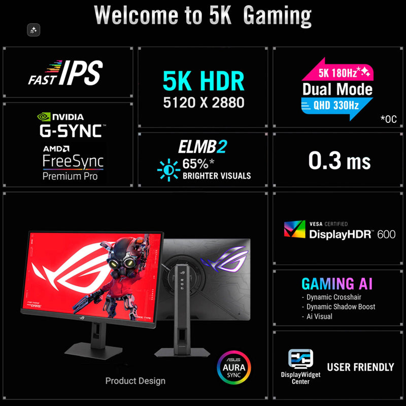 ASUS ROG STRIX XG27JCG Gaming Monitor - 27" 5K / 0.03ms / 180Hz / HDMI 2.1 / DP 1.4 / USB 3.0 / 3YW - Gaming Monitor