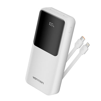 Vention Power Bank 20000mAh (Micro-USB + USB-C + USB-A + USB-A) with Built-in USB-C and Lightning Cables 22.5W - White
