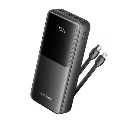 Vention Power Bank 20000mAh (Micro-USB + USB-C + USB-A + USB-A) with Built-in USB-C and Lightning Cables 22.5W - Black