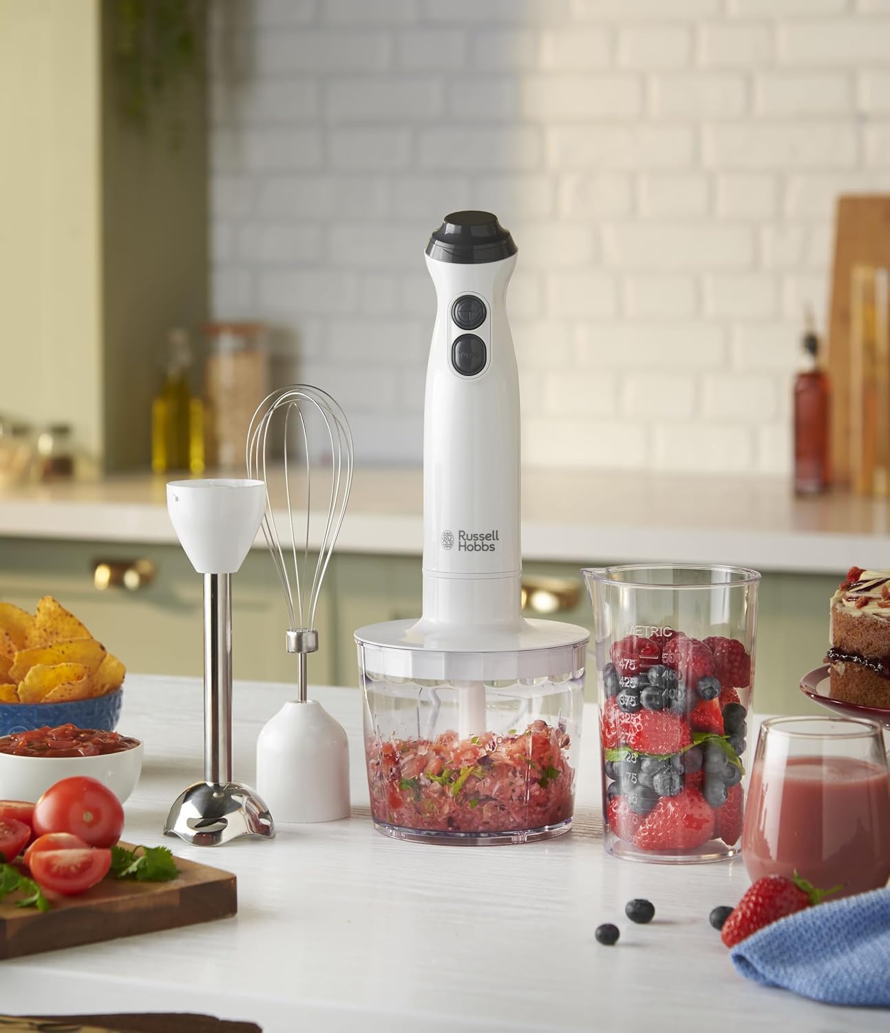 Russell Hobbs 600W Hand Blender Set, Variable Speed Blender with Chopper Attachment, 500ml Transparent Beaker, Stainless Steel Removable Leg, BPA Free & Dishwasher Safe, White – Model 27560