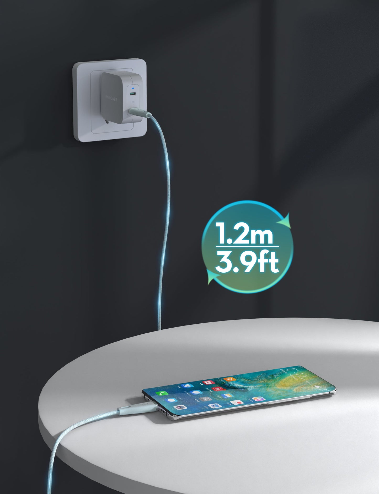 RAVPower RP-CB1037 USB-C Cable - 60W / 1.2 Meter /  3A / Light Blue