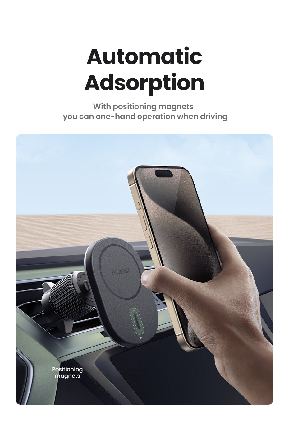 UGREEN CD345 Magnetic Car Wireless Charger - 15W / Black