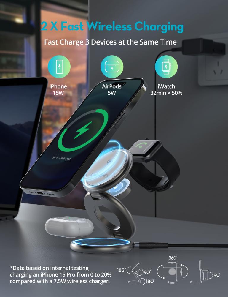 RAVPower RP-WC1008 Premium Foldable 3-in-1 Wireless Charger - 15W / Titanium