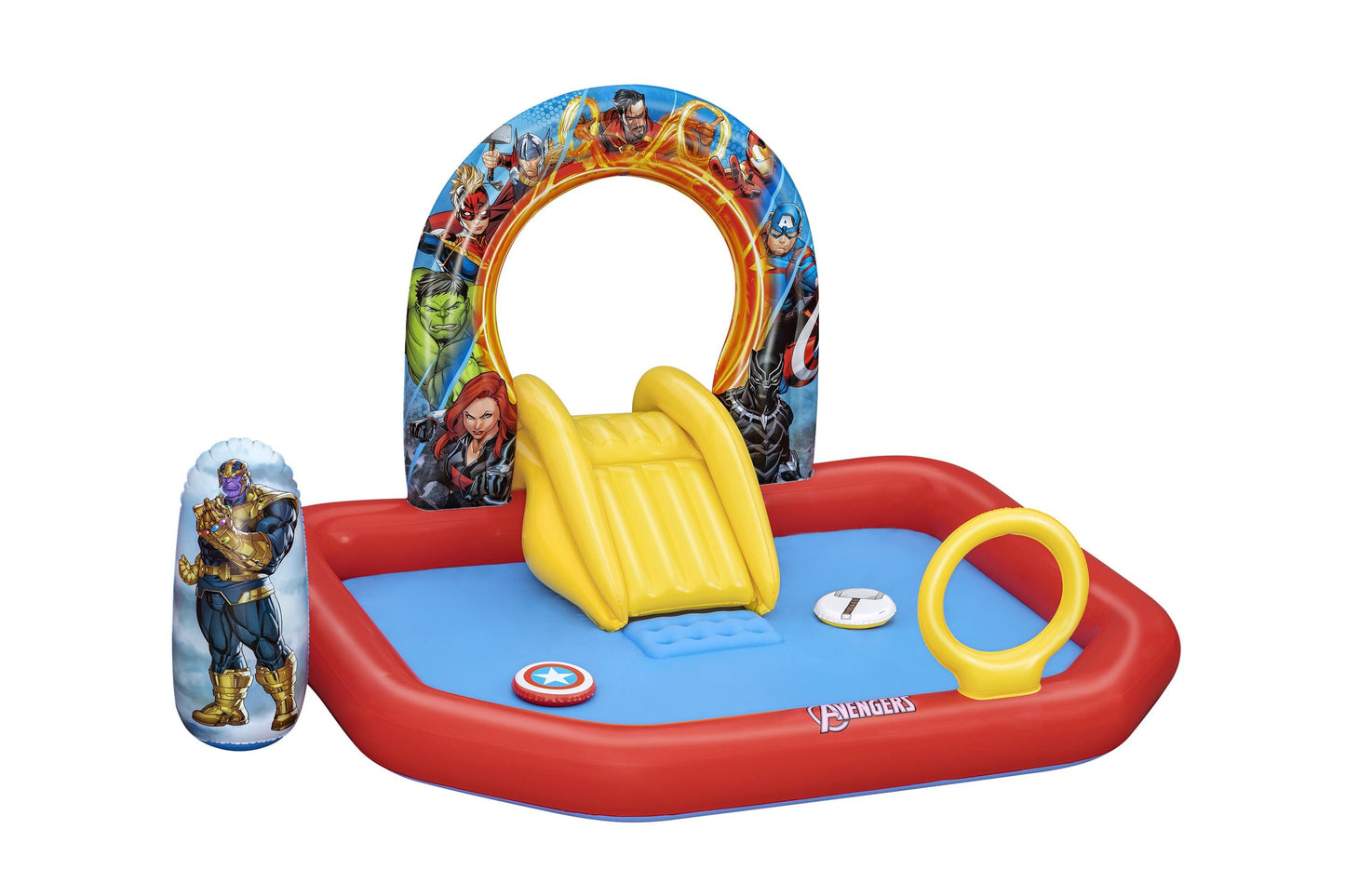 Bestway 2.11m x 1.98m x 1.25m avengers assemble play center (1 pool, 2 inflatable disks, 1 bop bag, repair patch.) age 2+