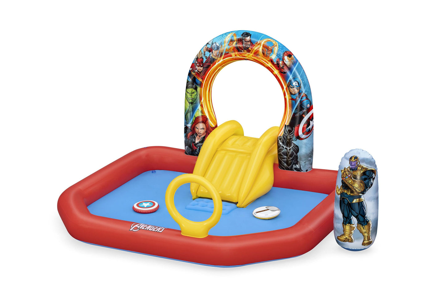 Bestway 2.11m x 1.98m x 1.25m avengers assemble play center (1 pool, 2 inflatable disks, 1 bop bag, repair patch.) age 2+