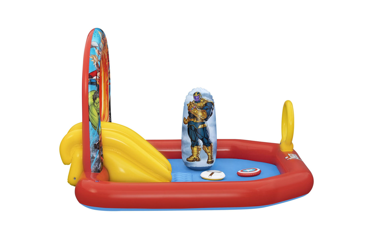 Bestway 2.11m x 1.98m x 1.25m avengers assemble play center (1 pool, 2 inflatable disks, 1 bop bag, repair patch.) age 2+