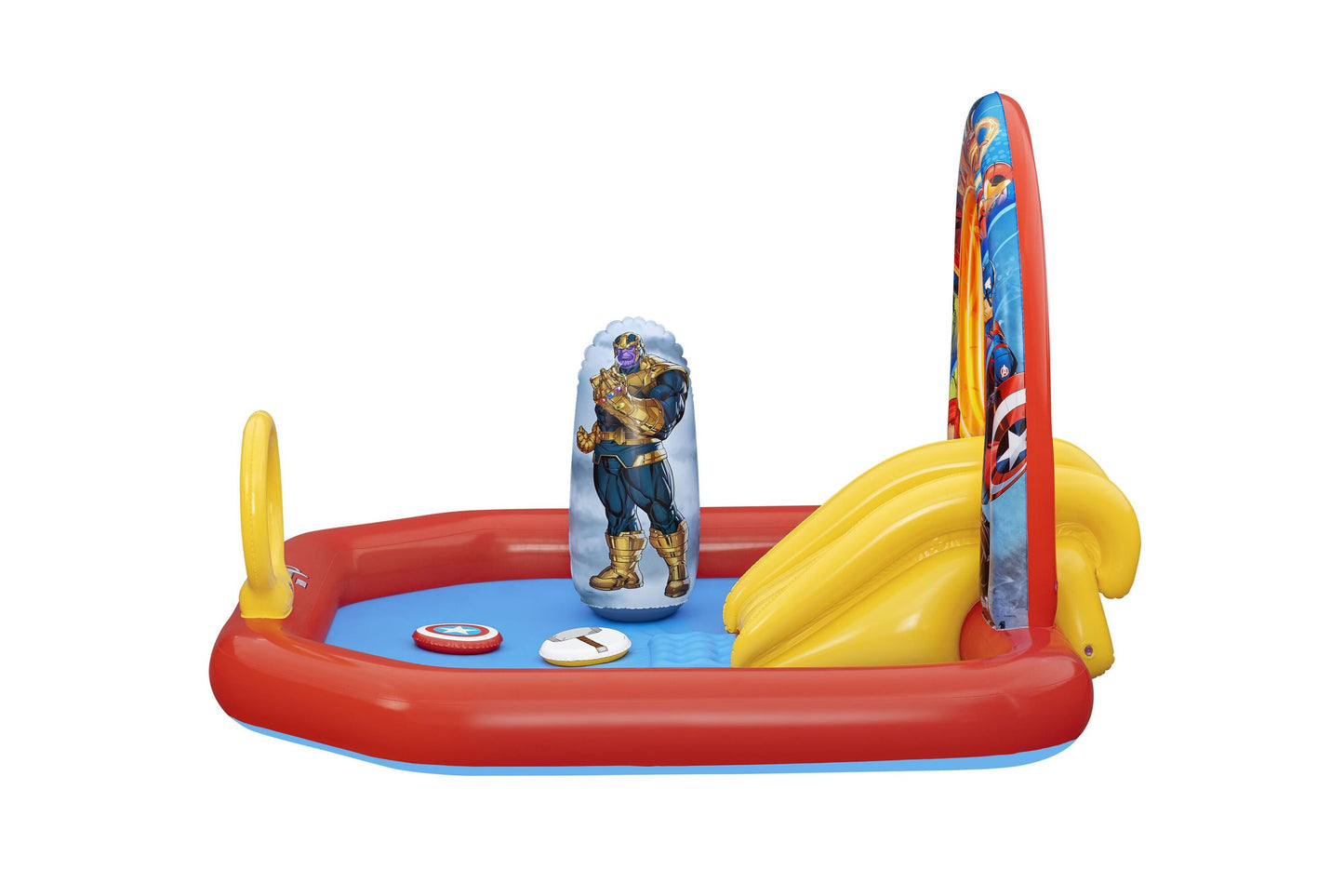 Bestway 2.11m x 1.98m x 1.25m avengers assemble play center (1 pool, 2 inflatable disks, 1 bop bag, repair patch.) age 2+