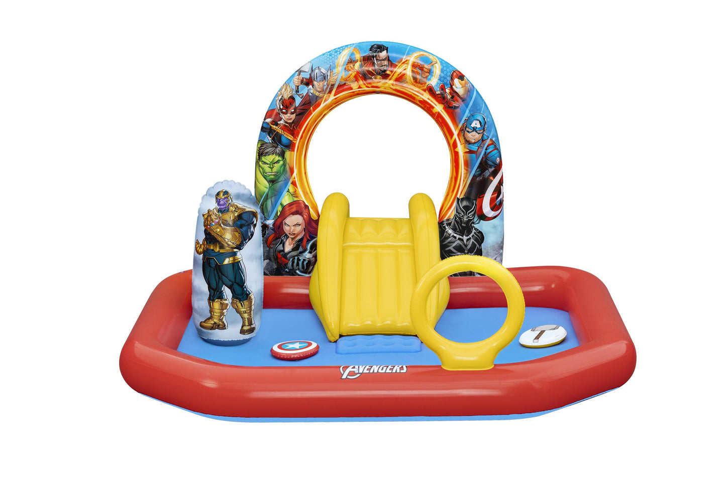 Bestway 2.11m x 1.98m x 1.25m avengers assemble play center (1 pool, 2 inflatable disks, 1 bop bag, repair patch.) age 2+