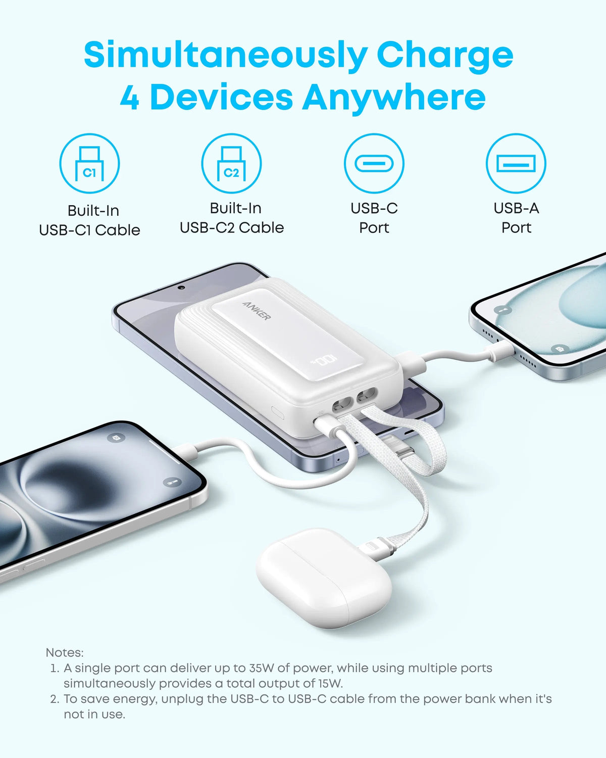Anker Zolo Power Bank with Built-in USB-C - 10000 mAh / 35W / White