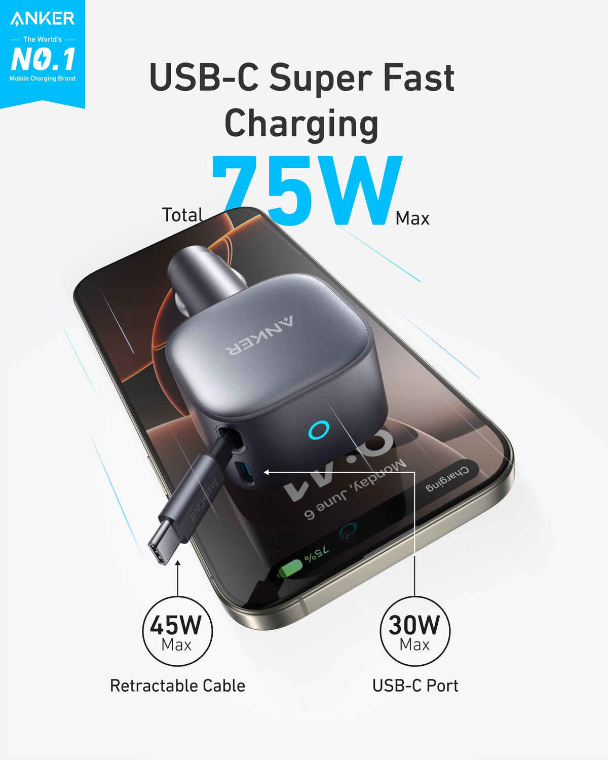Anker Nano Car Charger - 75W / USB-C / Retractable Cables Silver