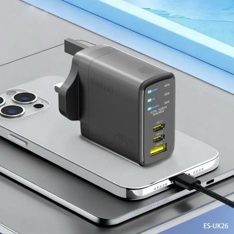 Earldom GaN Prime Safe Charger - 45W / USB-C / USB-A / Black