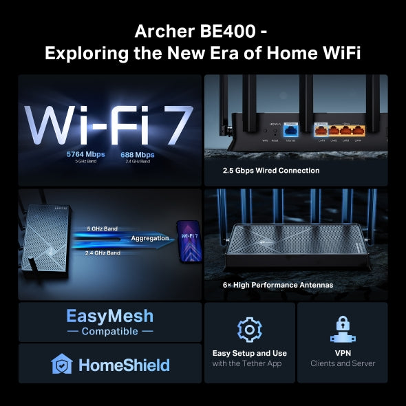 TP-Link (Archer BE400) BE6500 Dual-Band Wi-Fi 7 Router - 6.5 Gbps Dual-Band / 2.5G Wired / Black