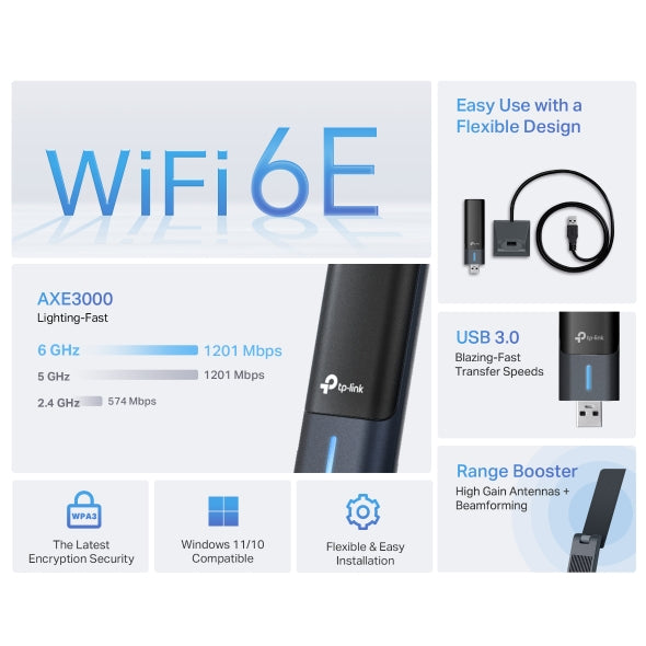 محول يو إس بي تي بي لينك آرتشر TXE50UH AXE3000 واي فاي 6E لاسلكي عالي الكسب