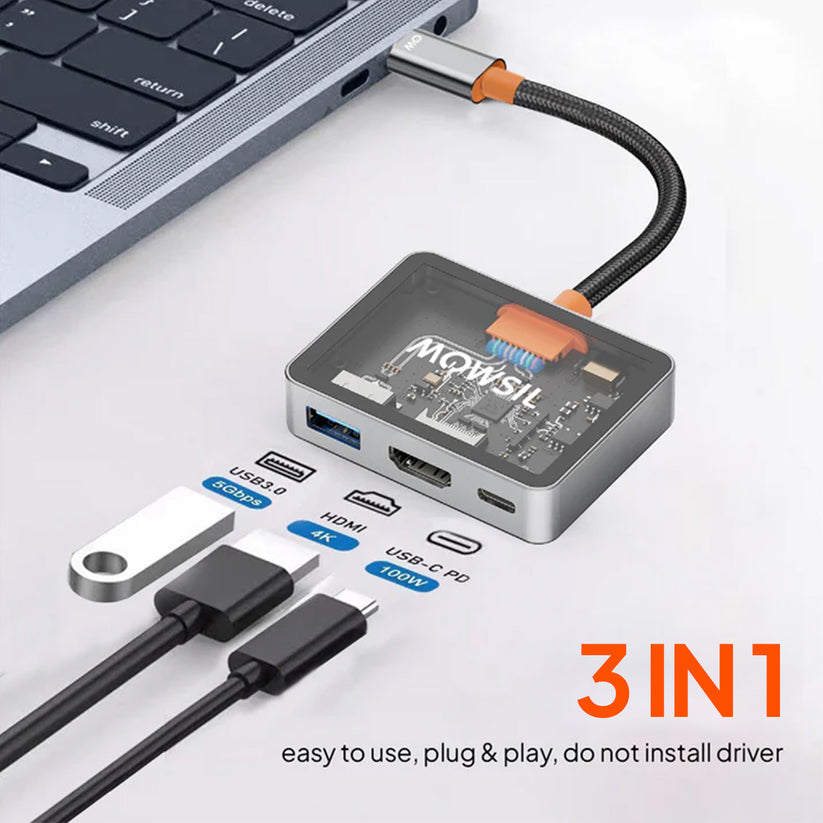 Mowsil USB-C to HDMI Multiport Adapter – 4K HDMI / USB-A 5Gbps / USB-C 100W PD / Transparent