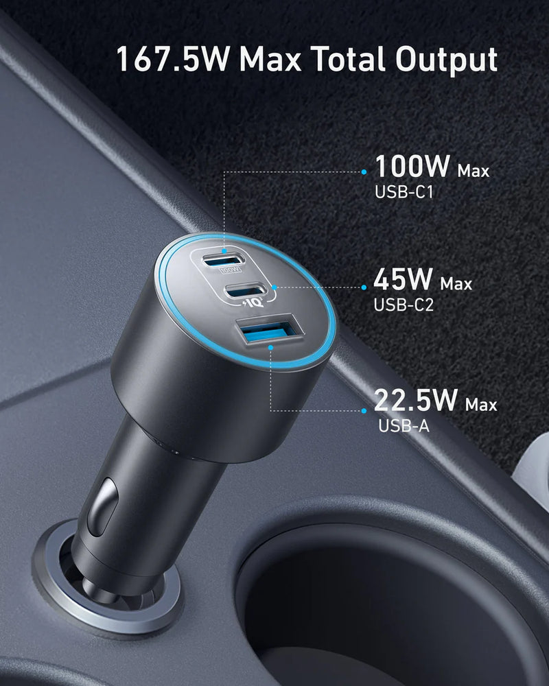Anker Car Charger with Cable - 167.5W / USB-A / USB-C / Gray