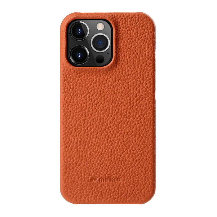 Melkco Back Snap Series Lai Chee Pattern Premium Leather Snap Cover Case - Apple iPhone 14 Pro / Orange Accessories >